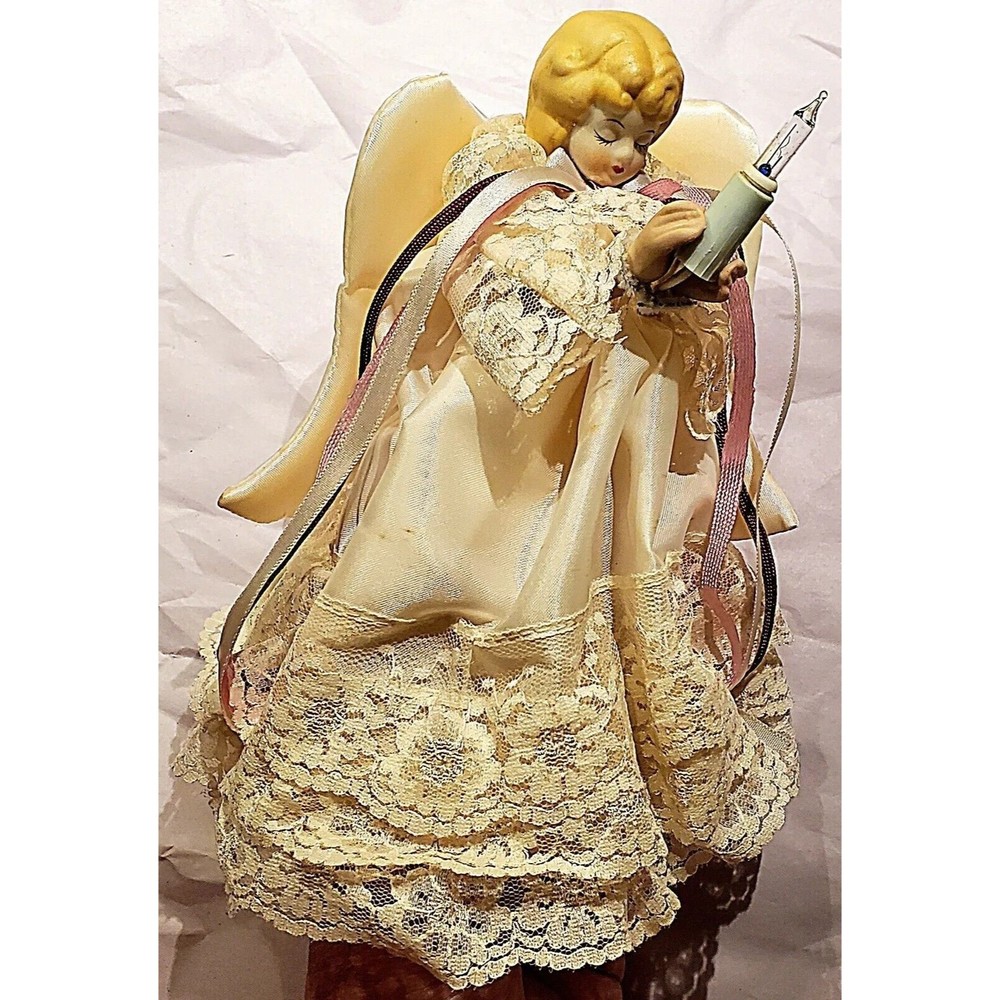 Vintage 80s Porcelain Angel Tree Topper 9" Revco Satin Lace Ribbons Lights Work